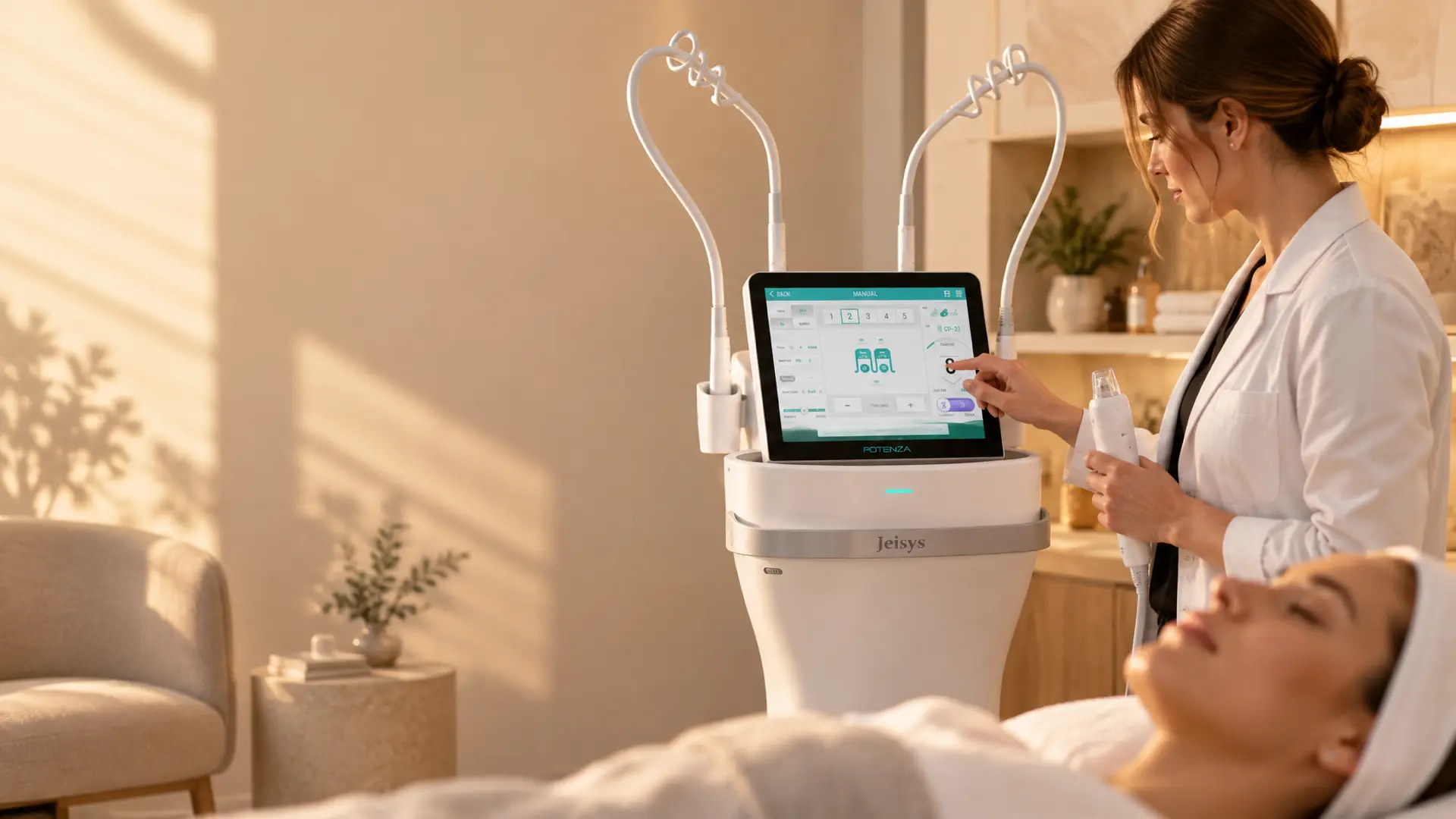 Behandelaar stelt het Potenza RF-microneedlingapparaat in naast een cliënt
